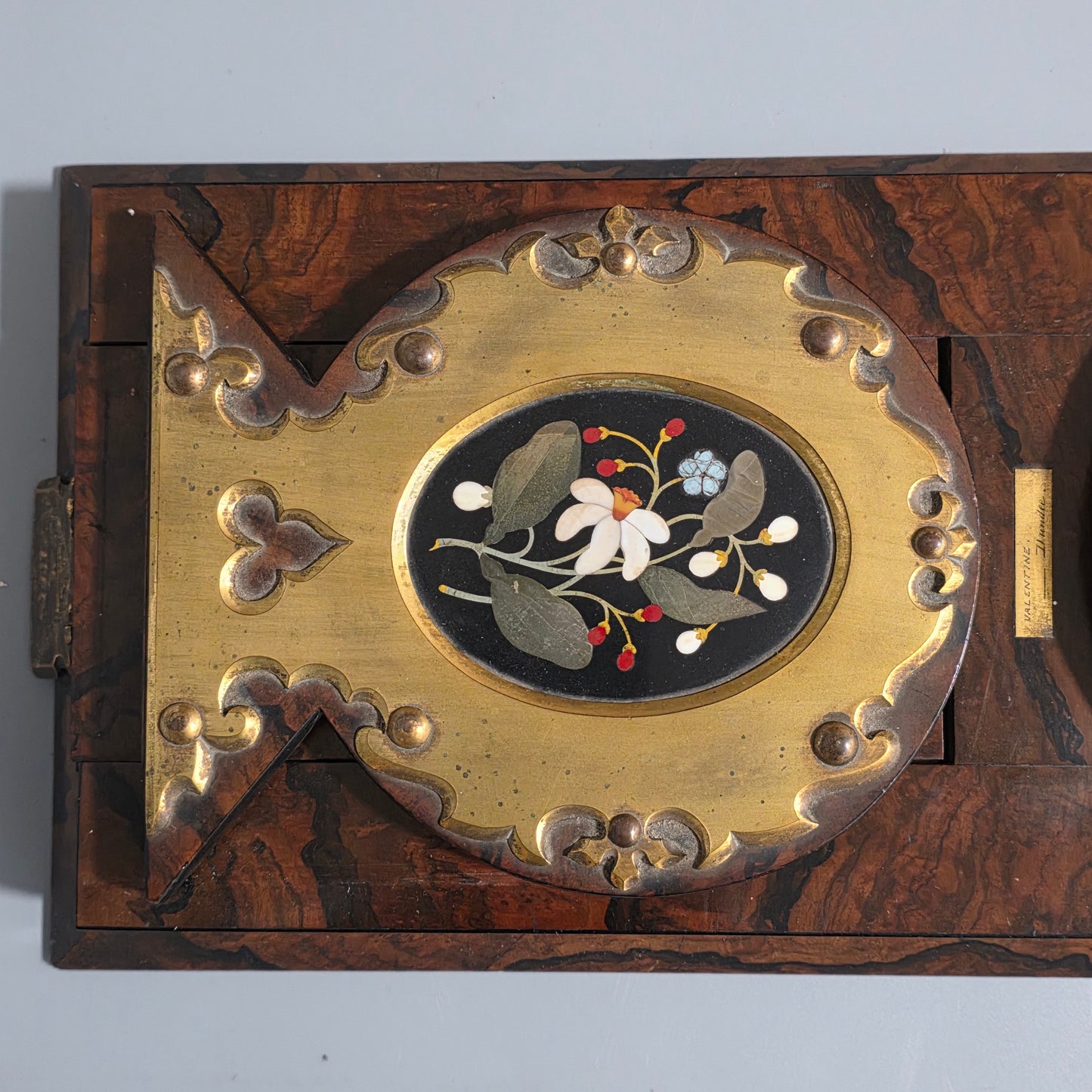 Elegant 19th Century Betjemann’s Walnut Book Slide with Pietra Dura Floral Panels