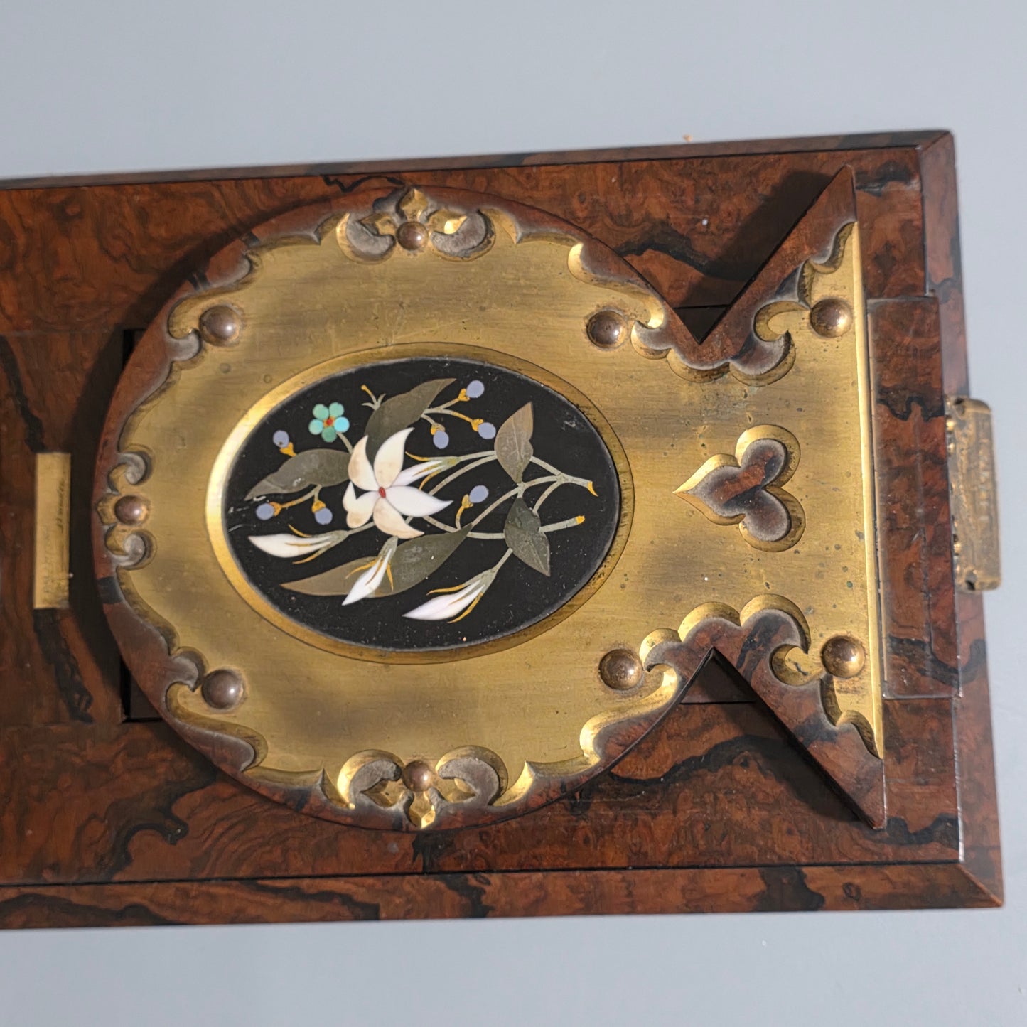 Elegant 19th Century Betjemann’s Walnut Book Slide with Pietra Dura Floral Panels