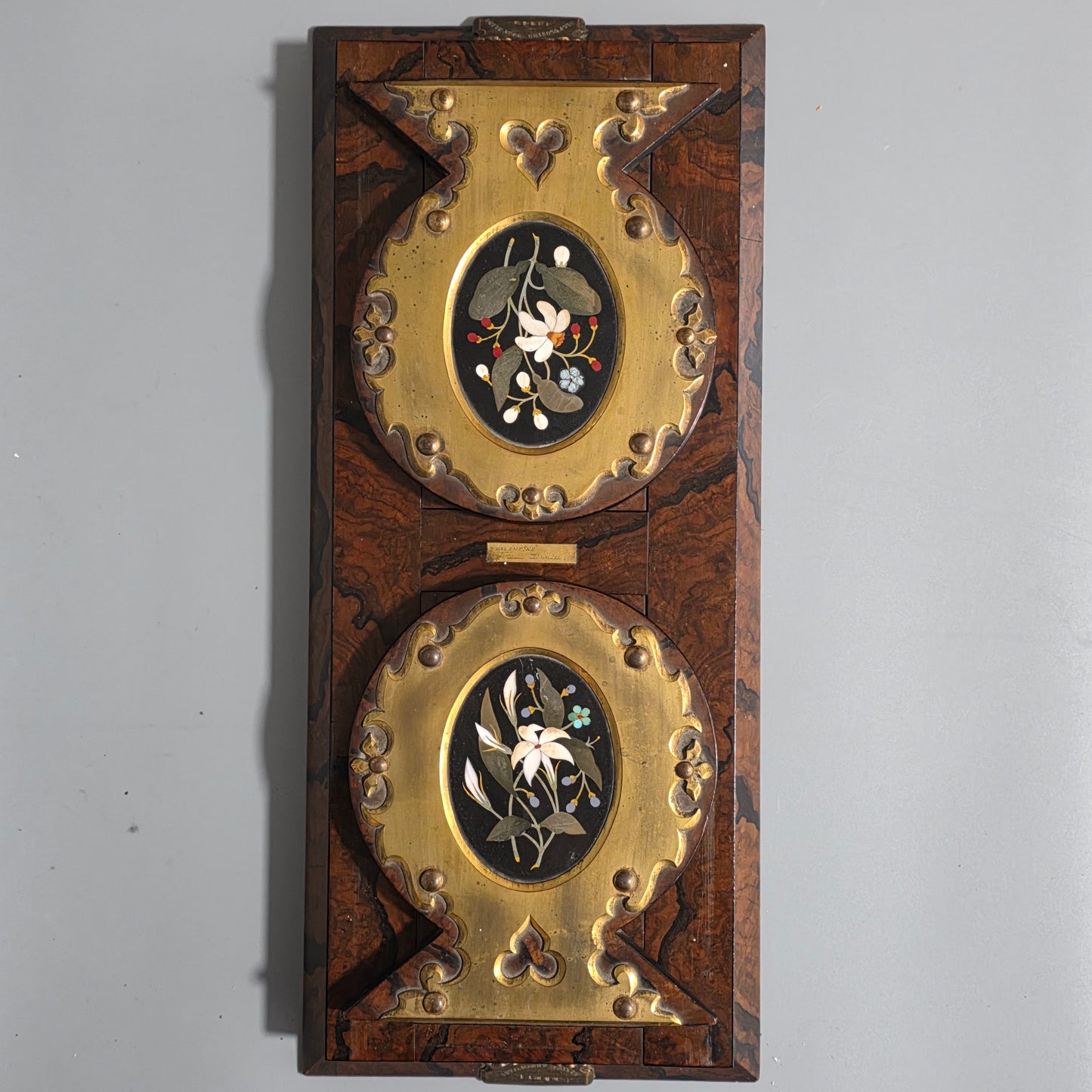 Elegant 19th Century Betjemann’s Walnut Book Slide with Pietra Dura Floral Panels