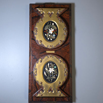 Elegant 19th Century Betjemann’s Walnut Book Slide with Pietra Dura Floral Panels