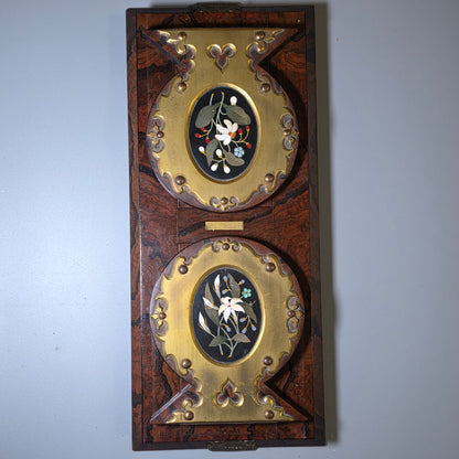Elegant 19th Century Betjemann’s Walnut Book Slide with Pietra Dura Floral Panels