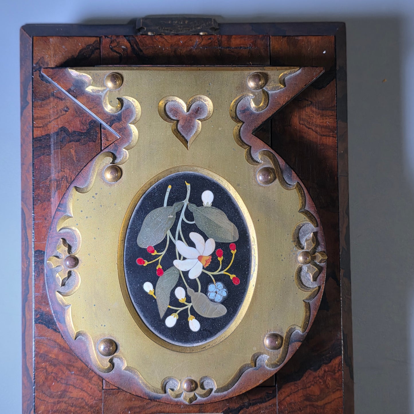 Elegant 19th Century Betjemann’s Walnut Book Slide with Pietra Dura Floral Panels