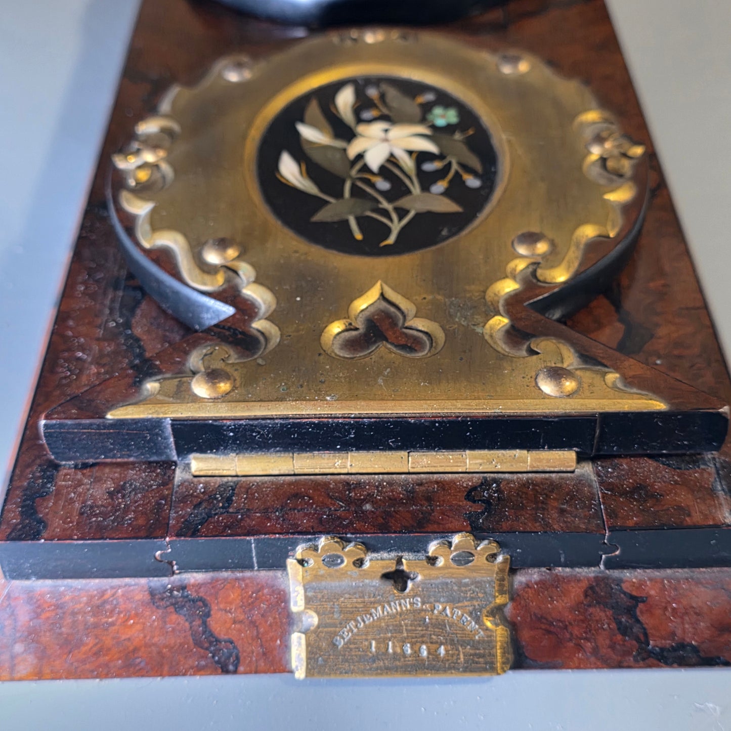 Elegant 19th Century Betjemann’s Walnut Book Slide with Pietra Dura Floral Panels