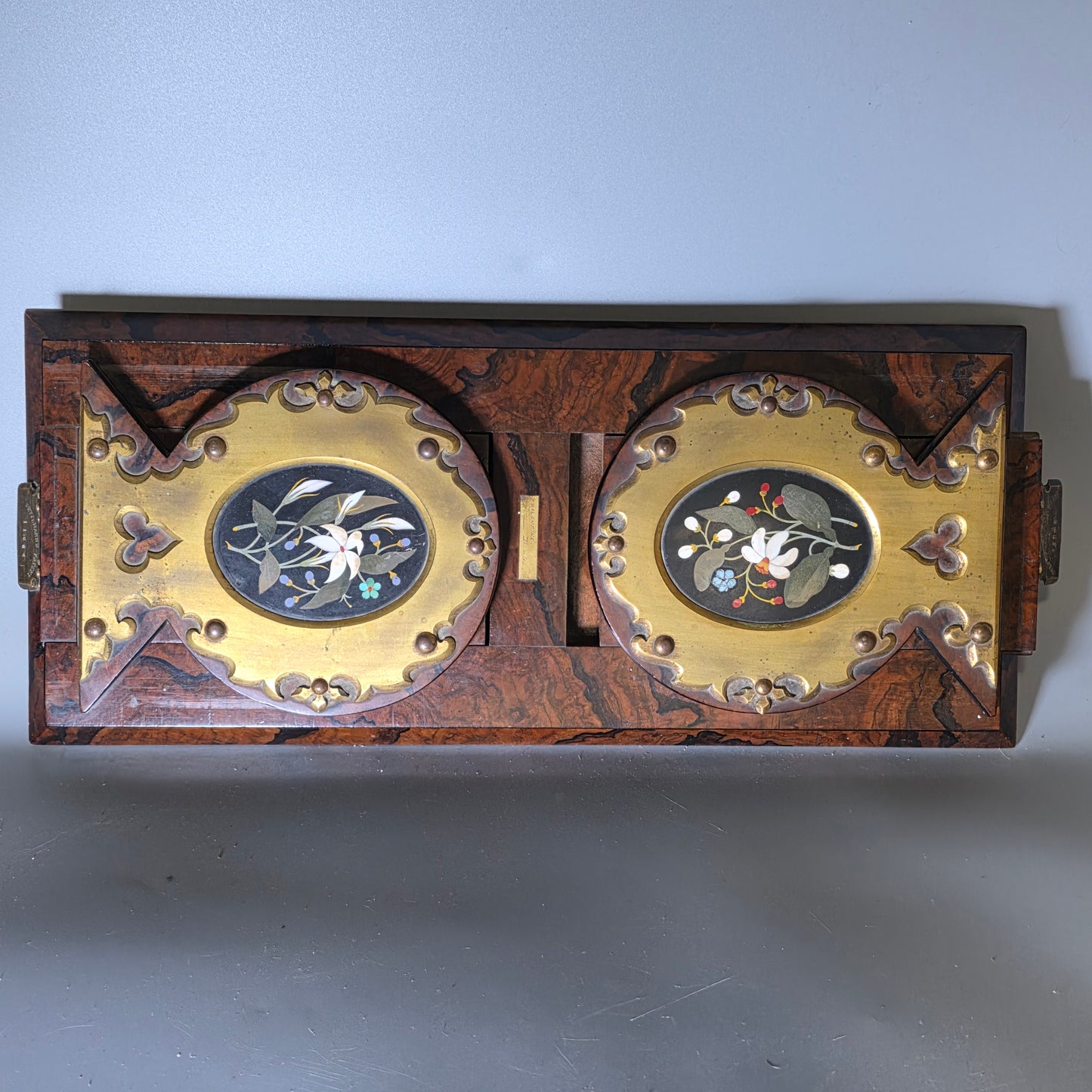 Elegant 19th Century Betjemann’s Walnut Book Slide with Pietra Dura Floral Panels