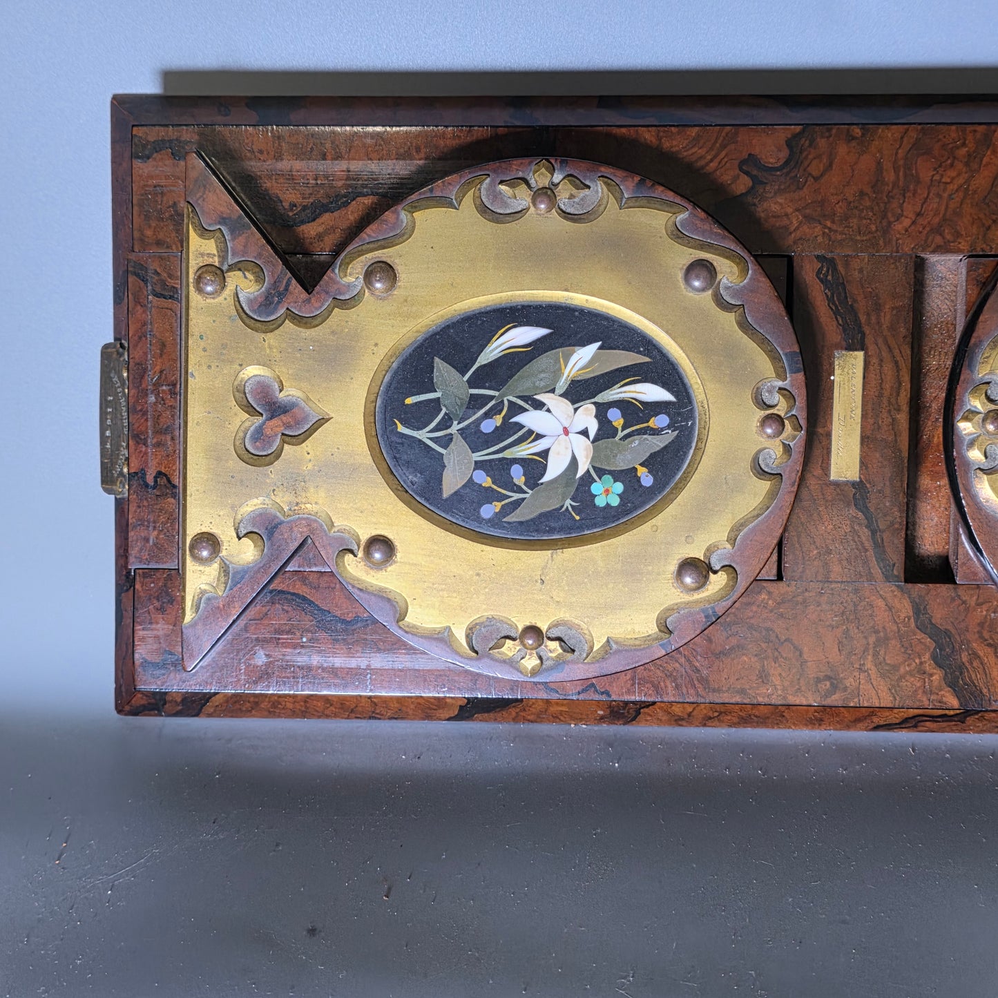 Elegant 19th Century Betjemann’s Walnut Book Slide with Pietra Dura Floral Panels