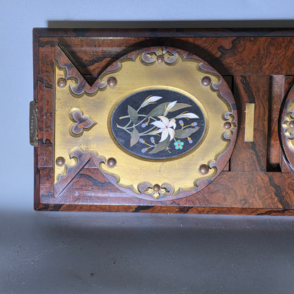 Elegant 19th Century Betjemann’s Walnut Book Slide with Pietra Dura Floral Panels