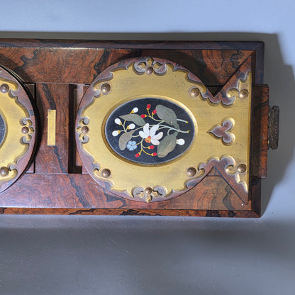 Elegant 19th Century Betjemann’s Walnut Book Slide with Pietra Dura Floral Panels