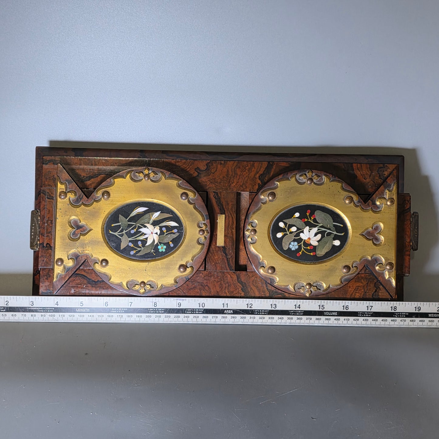 Elegant 19th Century Betjemann’s Walnut Book Slide with Pietra Dura Floral Panels