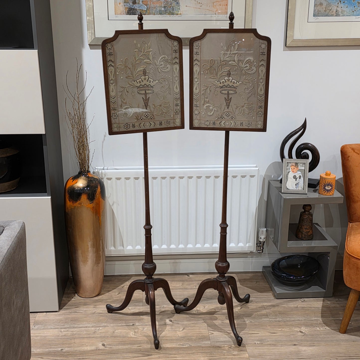 Fine Pair of Early Victorian Rosewood Pole Screens with Embroidered Silk Panels