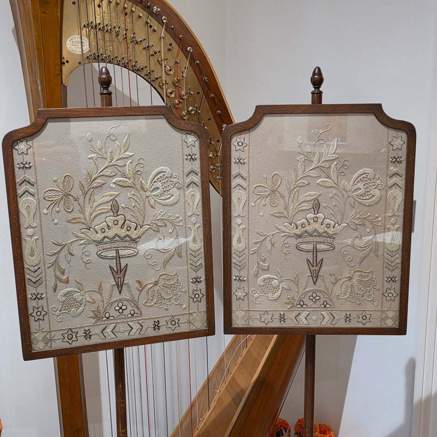 Fine Pair of Early Victorian Rosewood Pole Screens with Embroidered Silk Panels