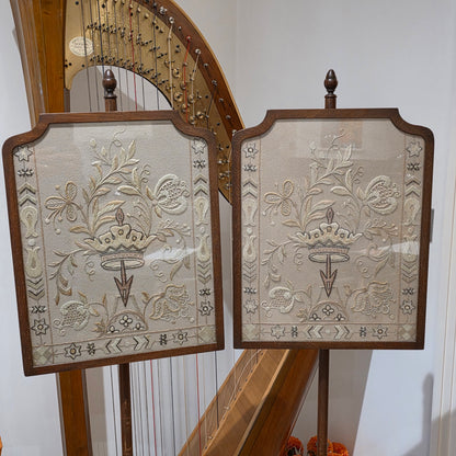 Fine Pair of Early Victorian Rosewood Pole Screens with Embroidered Silk Panels