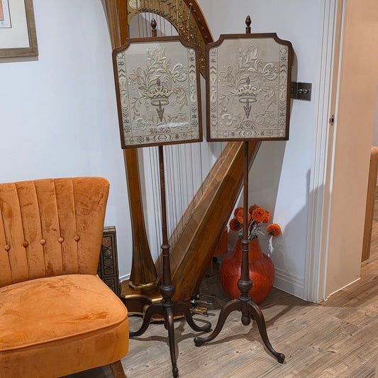 Fine Pair of Early Victorian Rosewood Pole Screens with Embroidered Silk Panels