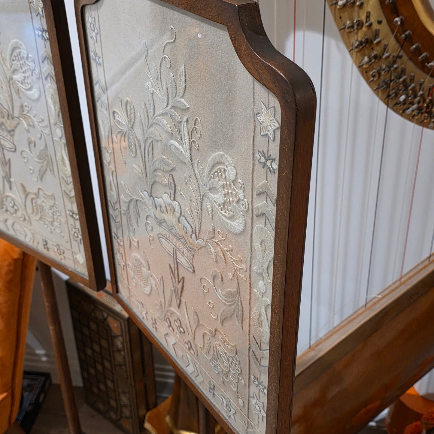 Fine Pair of Early Victorian Rosewood Pole Screens with Embroidered Silk Panels