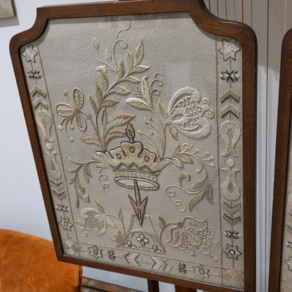 Fine Pair of Early Victorian Rosewood Pole Screens with Embroidered Silk Panels