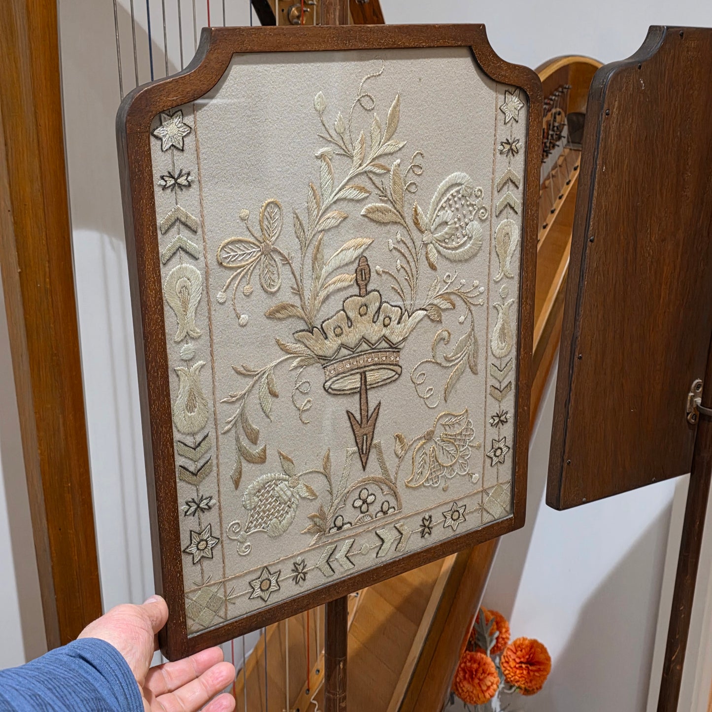 Fine Pair of Early Victorian Rosewood Pole Screens with Embroidered Silk Panels