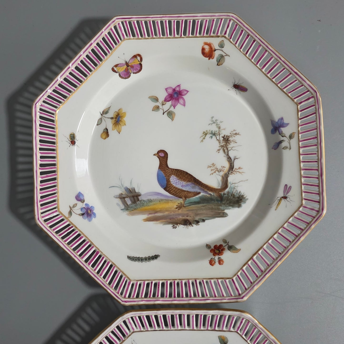 Kpm Berlin Porcelain Octagonal Fretted  Hand Painted Bird Plate