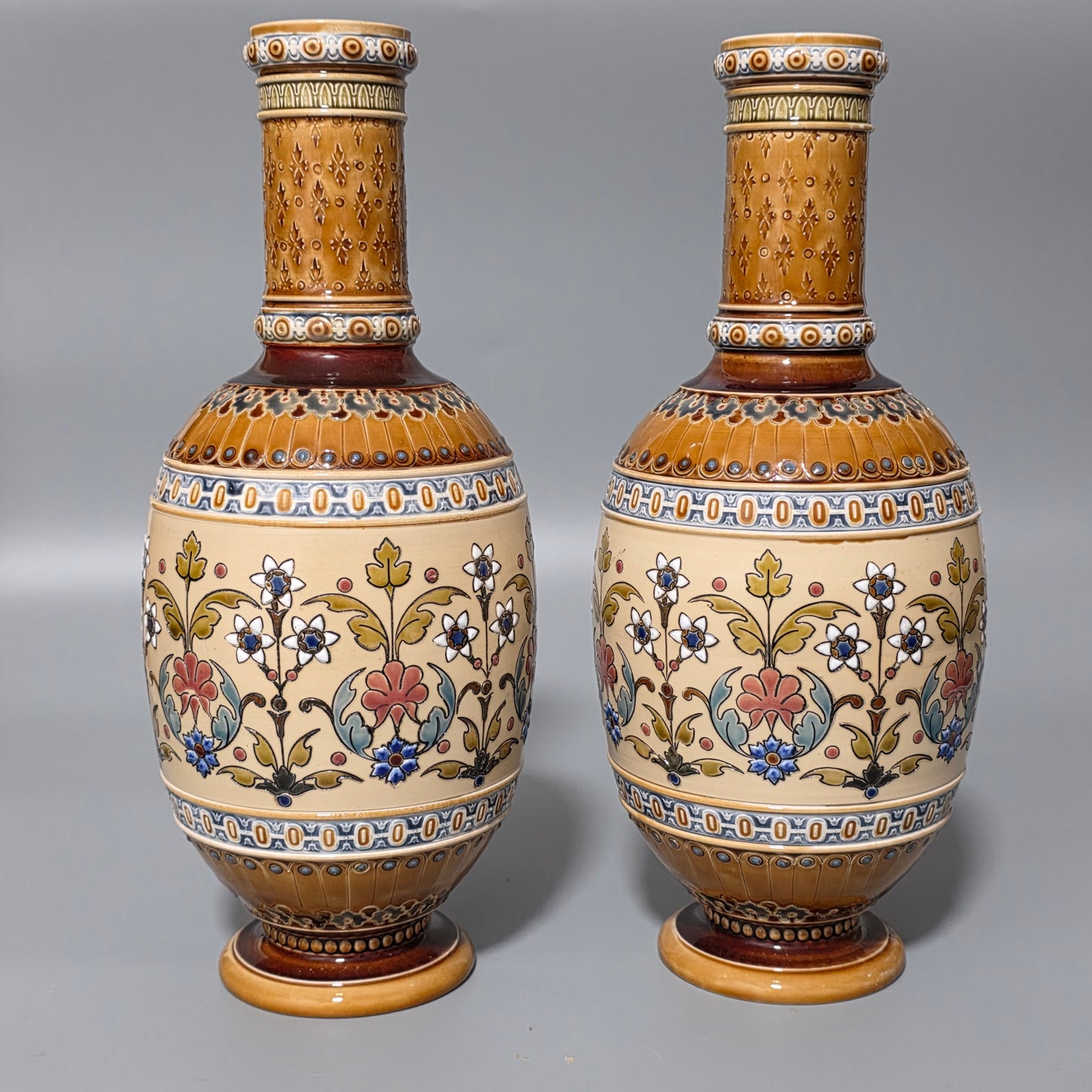 Pair of Antique Mettlach German Pottery Vases, Circa 1890 – Fine Decorative Art Nouveau Style