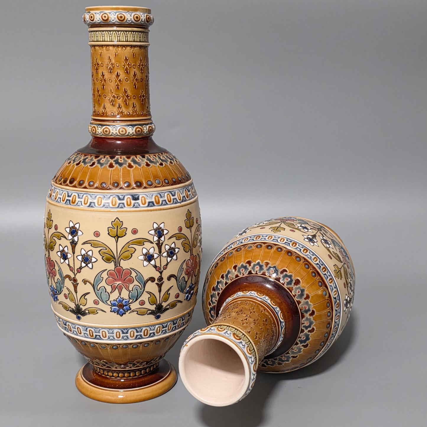 Pair of Antique Mettlach German Pottery Vases, Circa 1890 – Fine Decorative Art Nouveau Style