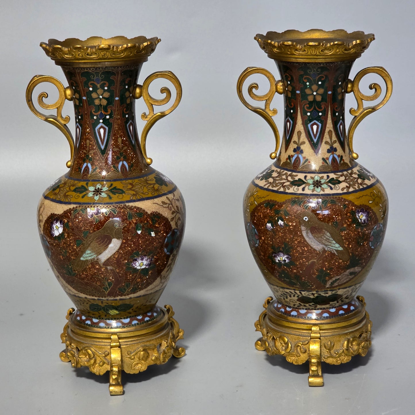 Attractive Late 19thc Pair Of Cloisonne Vases With Metal Mounts & Handles C1890