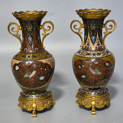 Attractive Late 19thc Pair Of Cloisonne Vases With Metal Mounts & Handles C1890