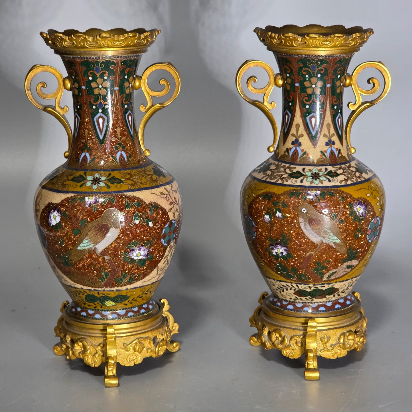 Attractive Late 19thc Pair Of Cloisonne Vases With Metal Mounts & Handles C1890