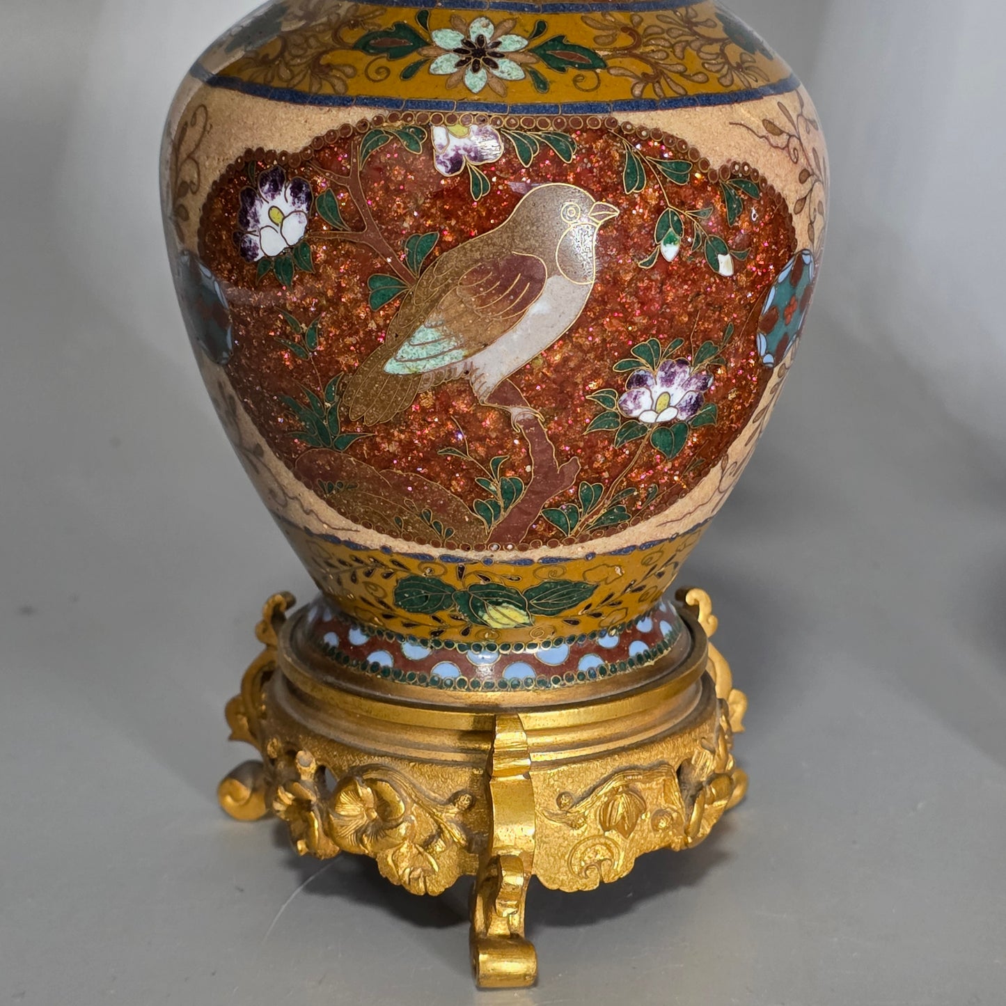 Attractive Late 19thc Pair Of Cloisonne Vases With Metal Mounts & Handles C1890