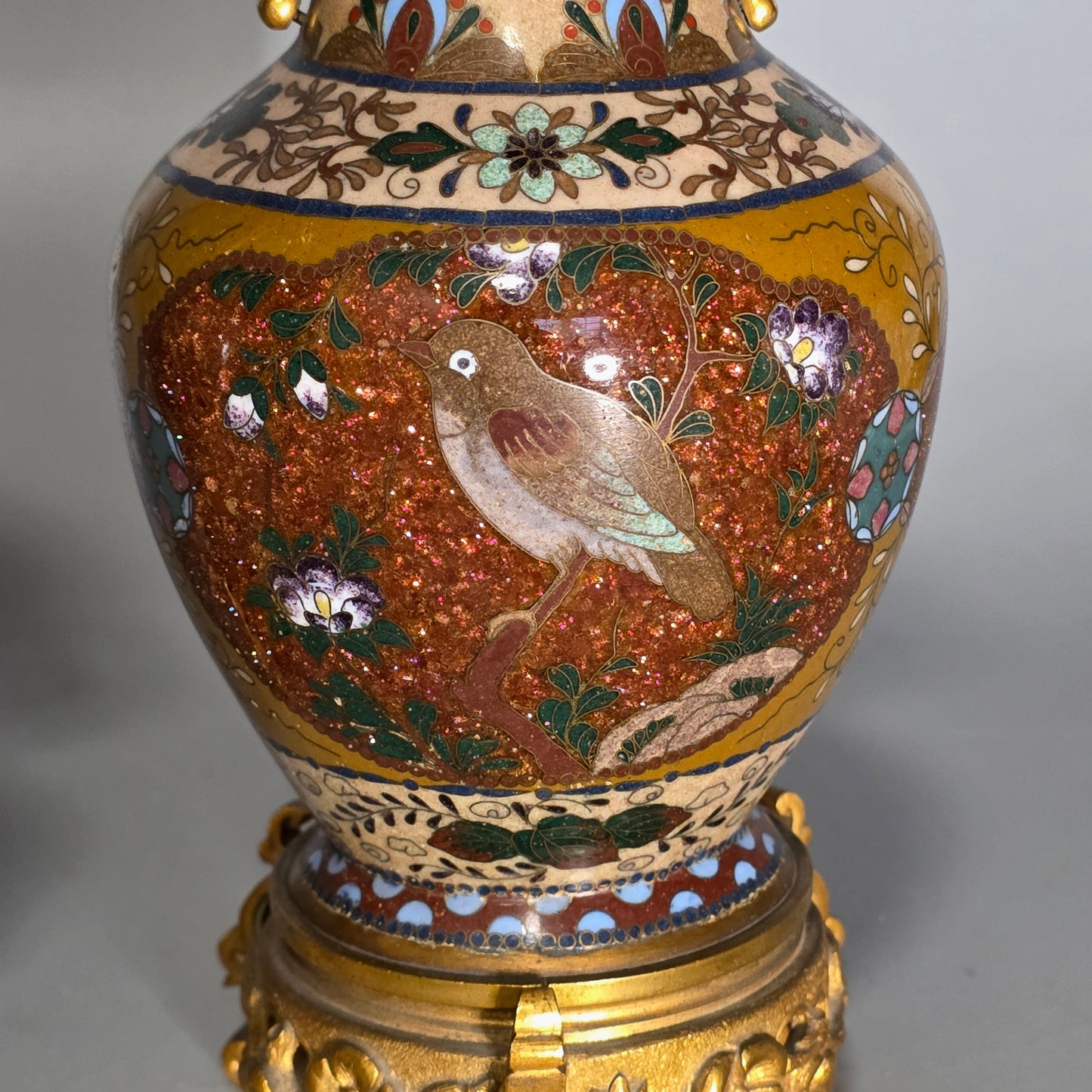 Attractive Late 19thc Pair Of Cloisonne Vases With Metal Mounts & Handles C1890