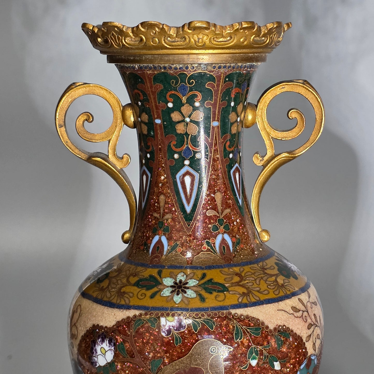 Attractive Late 19thc Pair Of Cloisonne Vases With Metal Mounts & Handles C1890