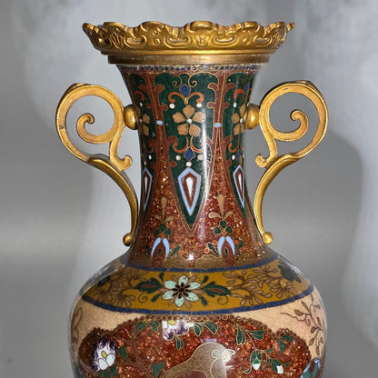 Attractive Late 19thc Pair Of Cloisonne Vases With Metal Mounts & Handles C1890
