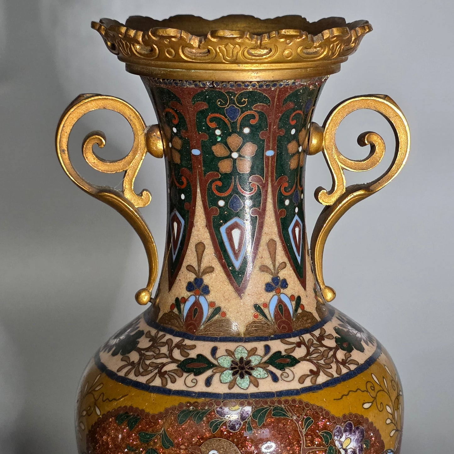 Attractive Late 19thc Pair Of Cloisonne Vases With Metal Mounts & Handles C1890