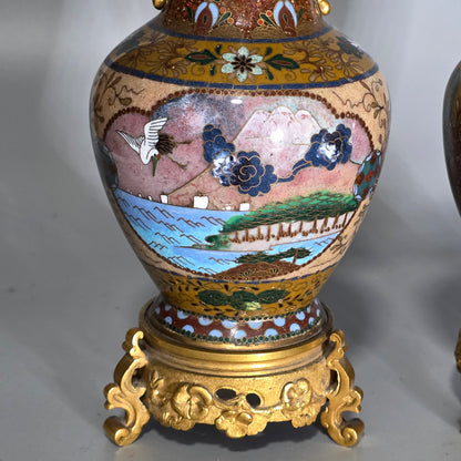 Attractive Late 19thc Pair Of Cloisonne Vases With Metal Mounts & Handles C1890
