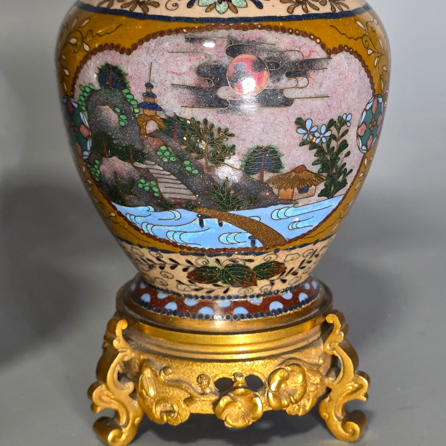 Attractive Late 19thc Pair Of Cloisonne Vases With Metal Mounts & Handles C1890