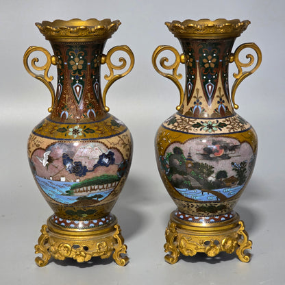 Attractive Late 19thc Pair Of Cloisonne Vases With Metal Mounts & Handles C1890