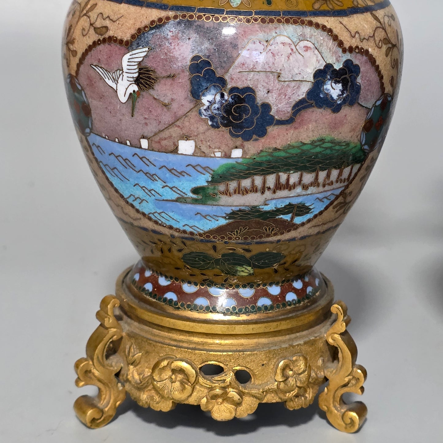 Attractive Late 19thc Pair Of Cloisonne Vases With Metal Mounts & Handles C1890