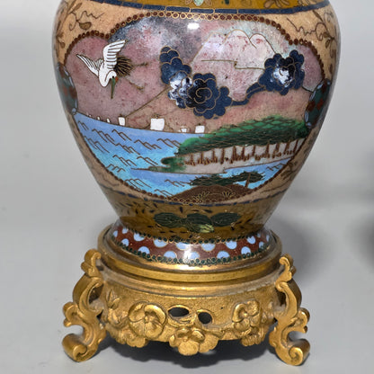 Attractive Late 19thc Pair Of Cloisonne Vases With Metal Mounts & Handles C1890