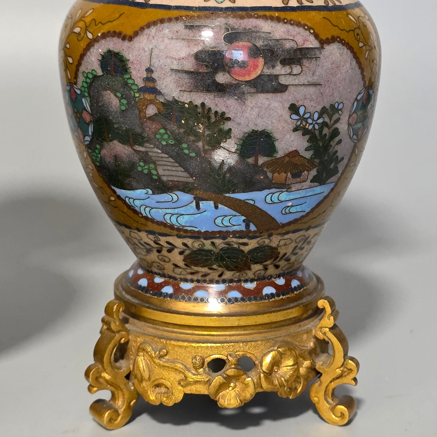 Attractive Late 19thc Pair Of Cloisonne Vases With Metal Mounts & Handles C1890