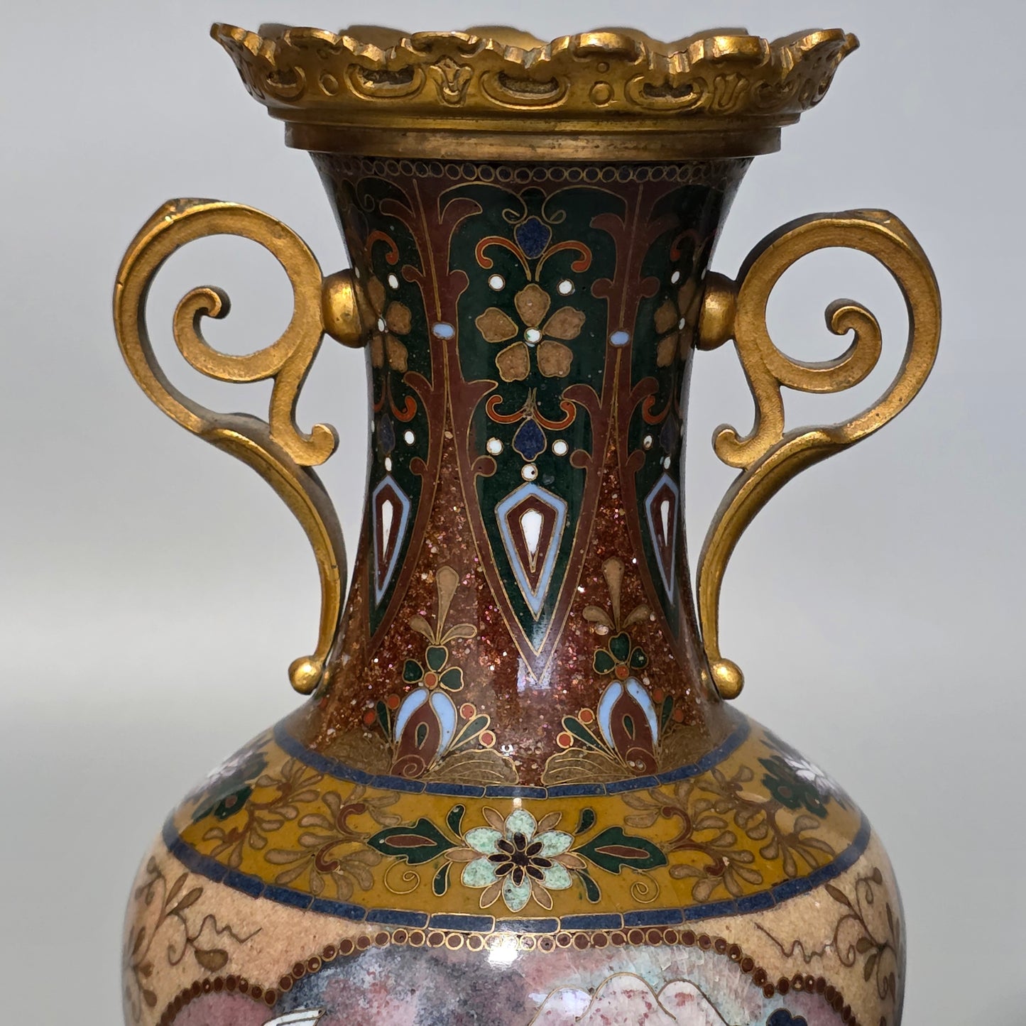 Attractive Late 19thc Pair Of Cloisonne Vases With Metal Mounts & Handles C1890