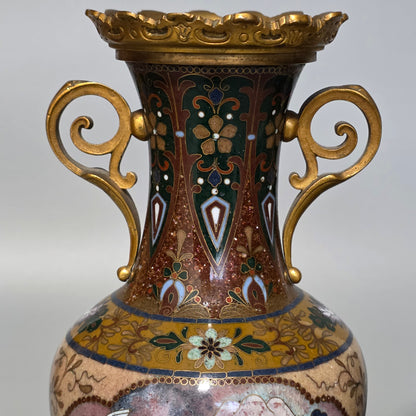 Attractive Late 19thc Pair Of Cloisonne Vases With Metal Mounts & Handles C1890