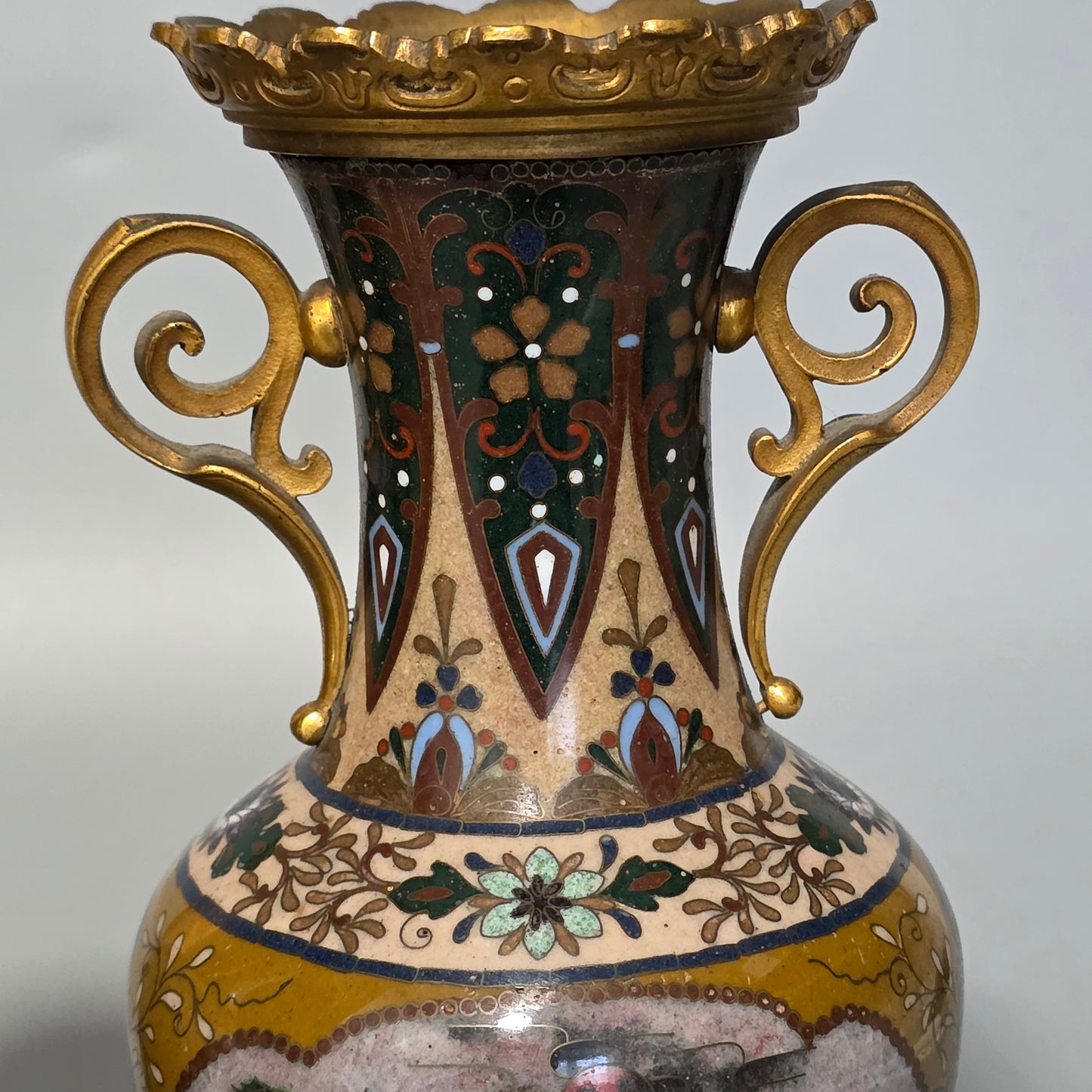 Attractive Late 19thc Pair Of Cloisonne Vases With Metal Mounts & Handles C1890