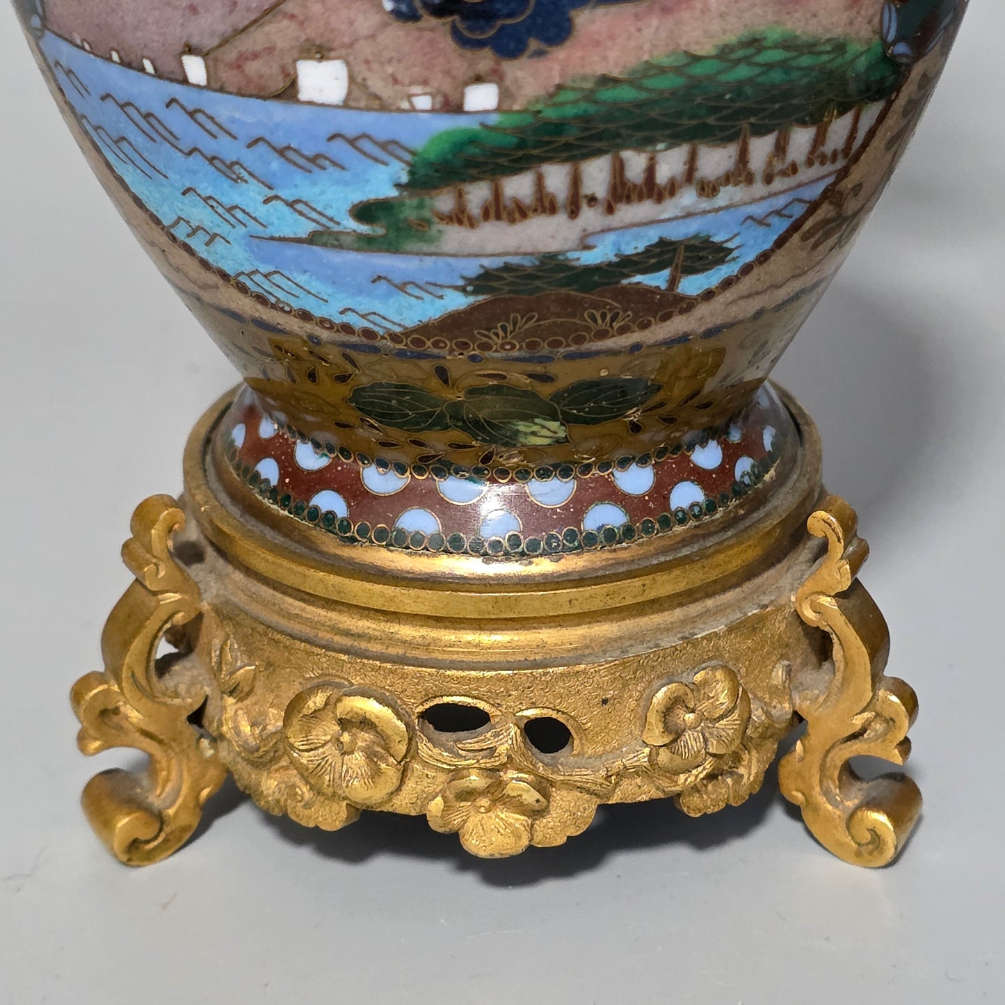 Attractive Late 19thc Pair Of Cloisonne Vases With Metal Mounts & Handles C1890