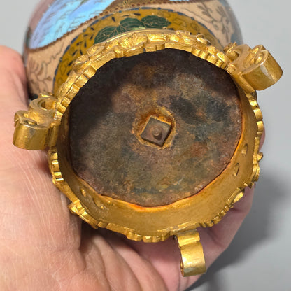 Attractive Late 19thc Pair Of Cloisonne Vases With Metal Mounts & Handles C1890