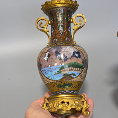 Attractive Late 19thc Pair Of Cloisonne Vases With Metal Mounts & Handles C1890
