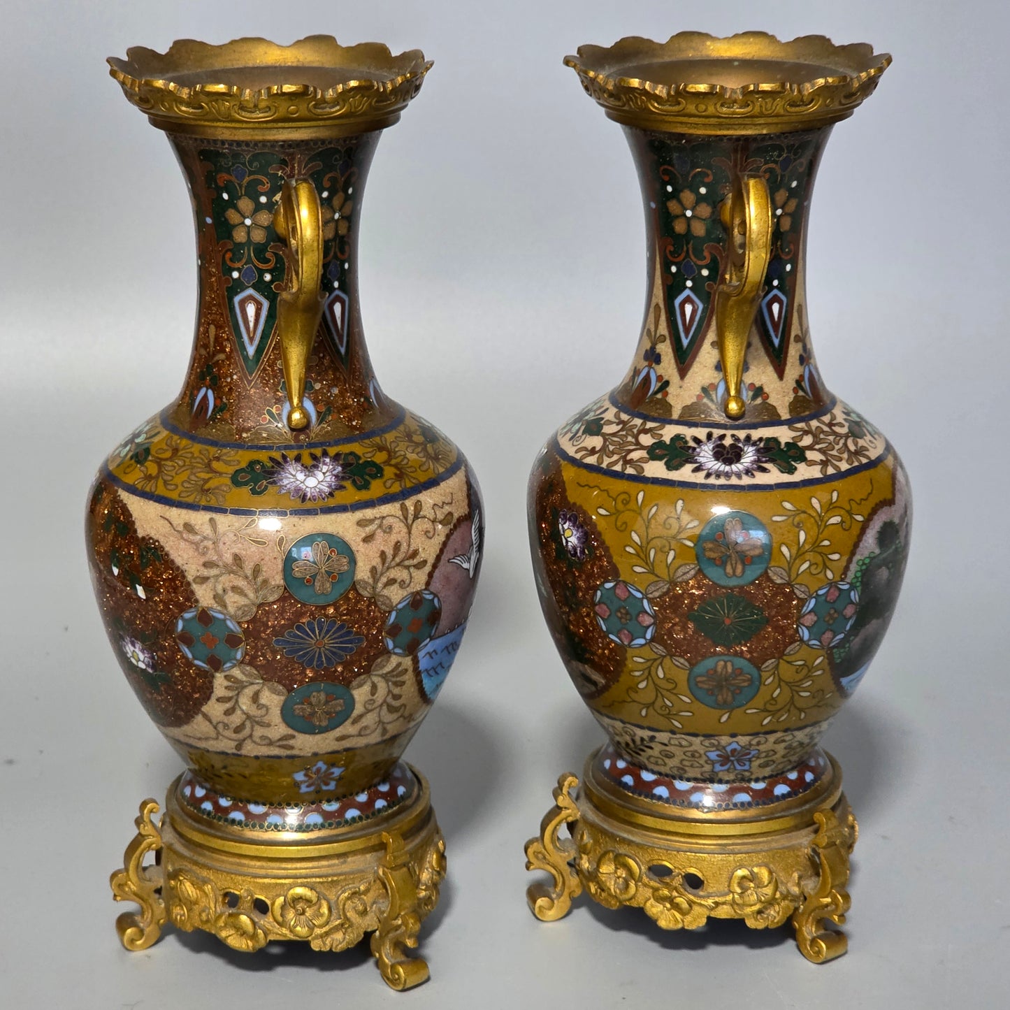 Attractive Late 19thc Pair Of Cloisonne Vases With Metal Mounts & Handles C1890