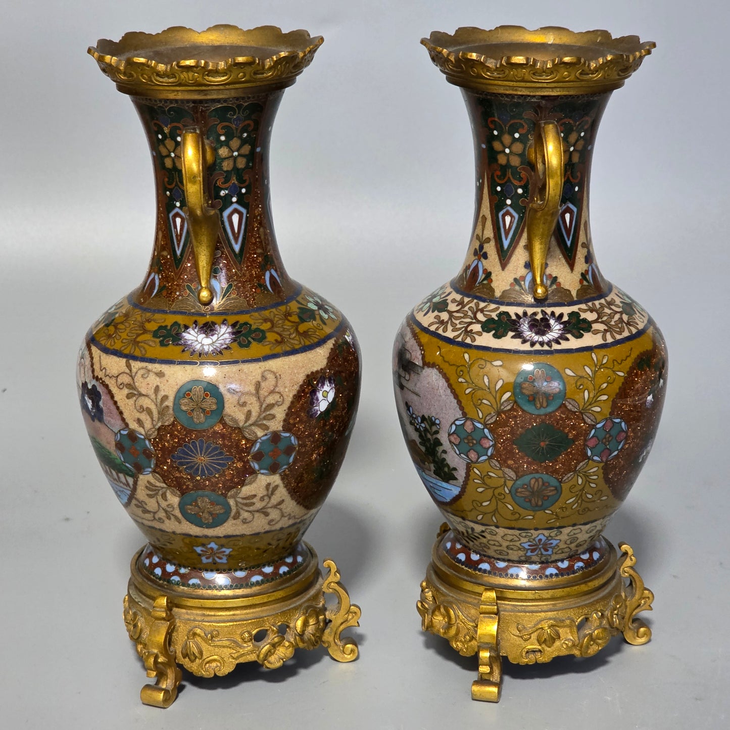 Attractive Late 19thc Pair Of Cloisonne Vases With Metal Mounts & Handles C1890