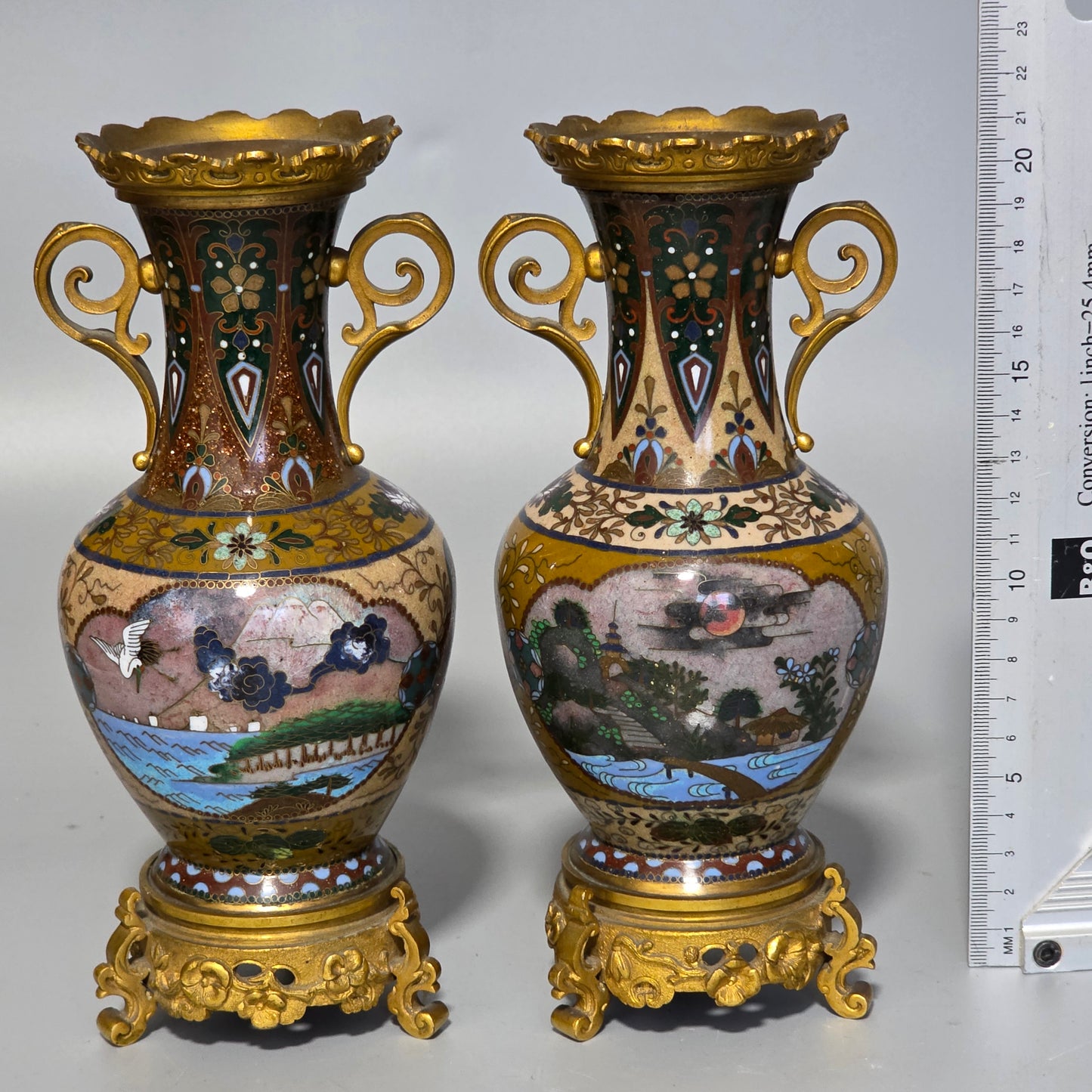Attractive Late 19thc Pair Of Cloisonne Vases With Metal Mounts & Handles C1890