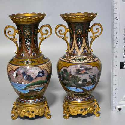 Attractive Late 19thc Pair Of Cloisonne Vases With Metal Mounts & Handles C1890