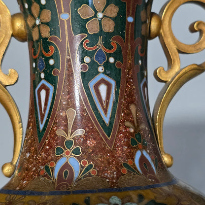 Attractive Late 19thc Pair Of Cloisonne Vases With Metal Mounts & Handles C1890