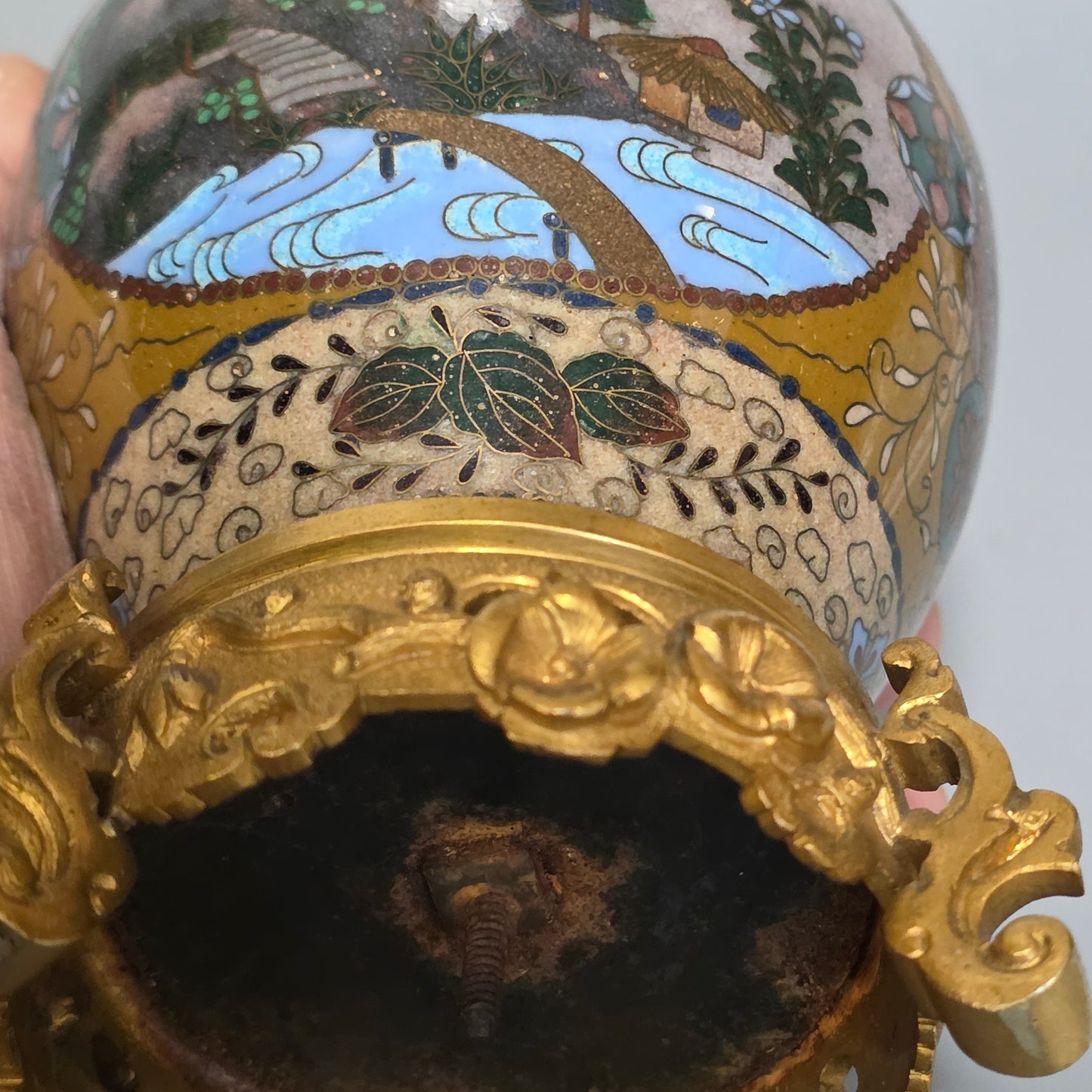 Attractive Late 19thc Pair Of Cloisonne Vases With Metal Mounts & Handles C1890