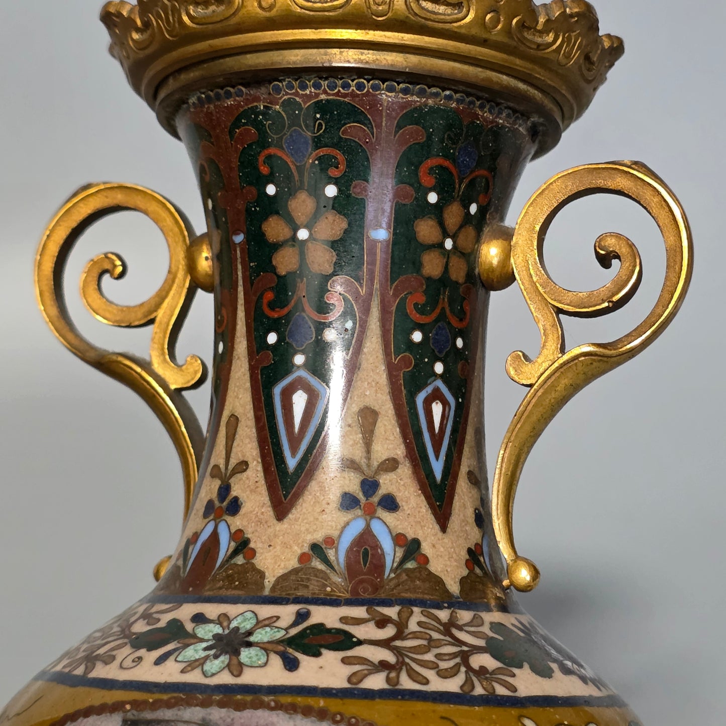 Attractive Late 19thc Pair Of Cloisonne Vases With Metal Mounts & Handles C1890