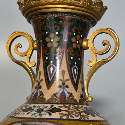 Attractive Late 19thc Pair Of Cloisonne Vases With Metal Mounts & Handles C1890